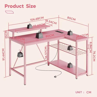 Bestier 106.5CM L-Shaped Desk with Power Outlets & LED Lights, Reversible Corner Desk with Shelves & Hooks for Home Office, Bedroom & Small Spaces