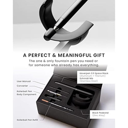 novium Hoverpen Future Edition - Luxury Fountain Pen & Rollerball Pen All-In Gift Box, Fine Nib, Futuristic Aesthetic, Aerospace Metal Made, Free Spinning Pen, Christmas Gifts for Men (Deep Black)