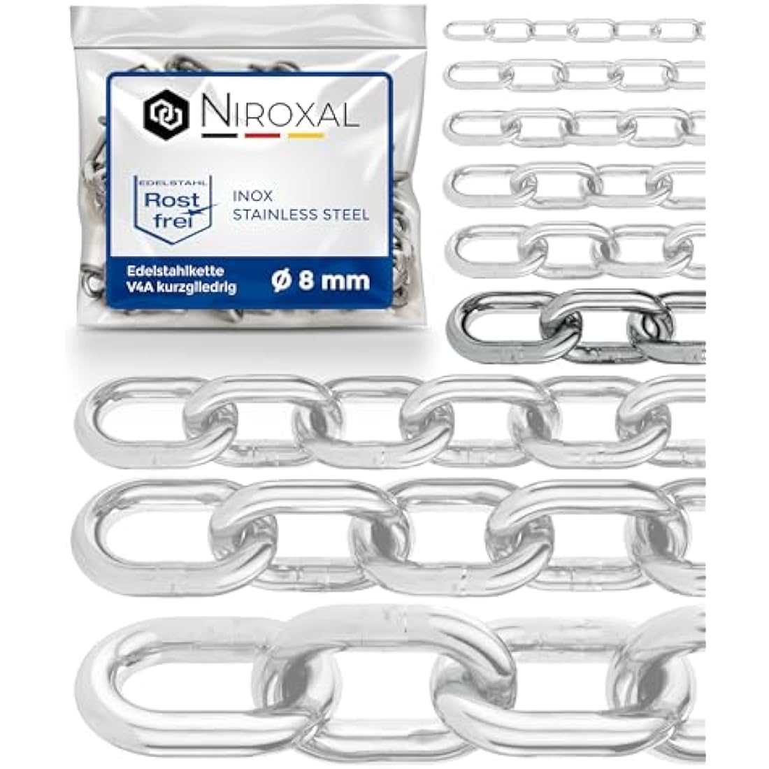 5 Pieces 150-cm = 1,5-Meter 8-mm Thick Stainless Steel Chain V4A Short-Linked from NietFullThings on Piece Anchor Chain DIN 5685 DIN 766 1,5-m