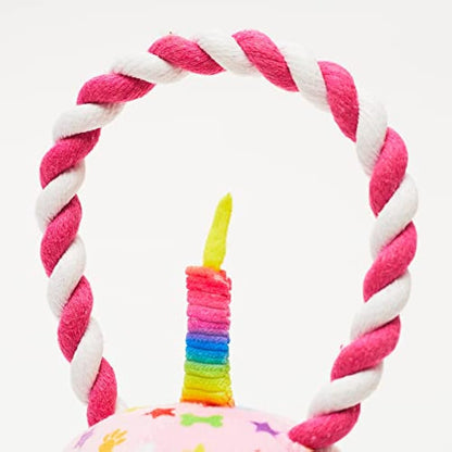 Pet London Happy Birthday Cupcake Dog Toy with Squeaker and rope tug-Celebrate Your Dog's Bday or Adoption Gift