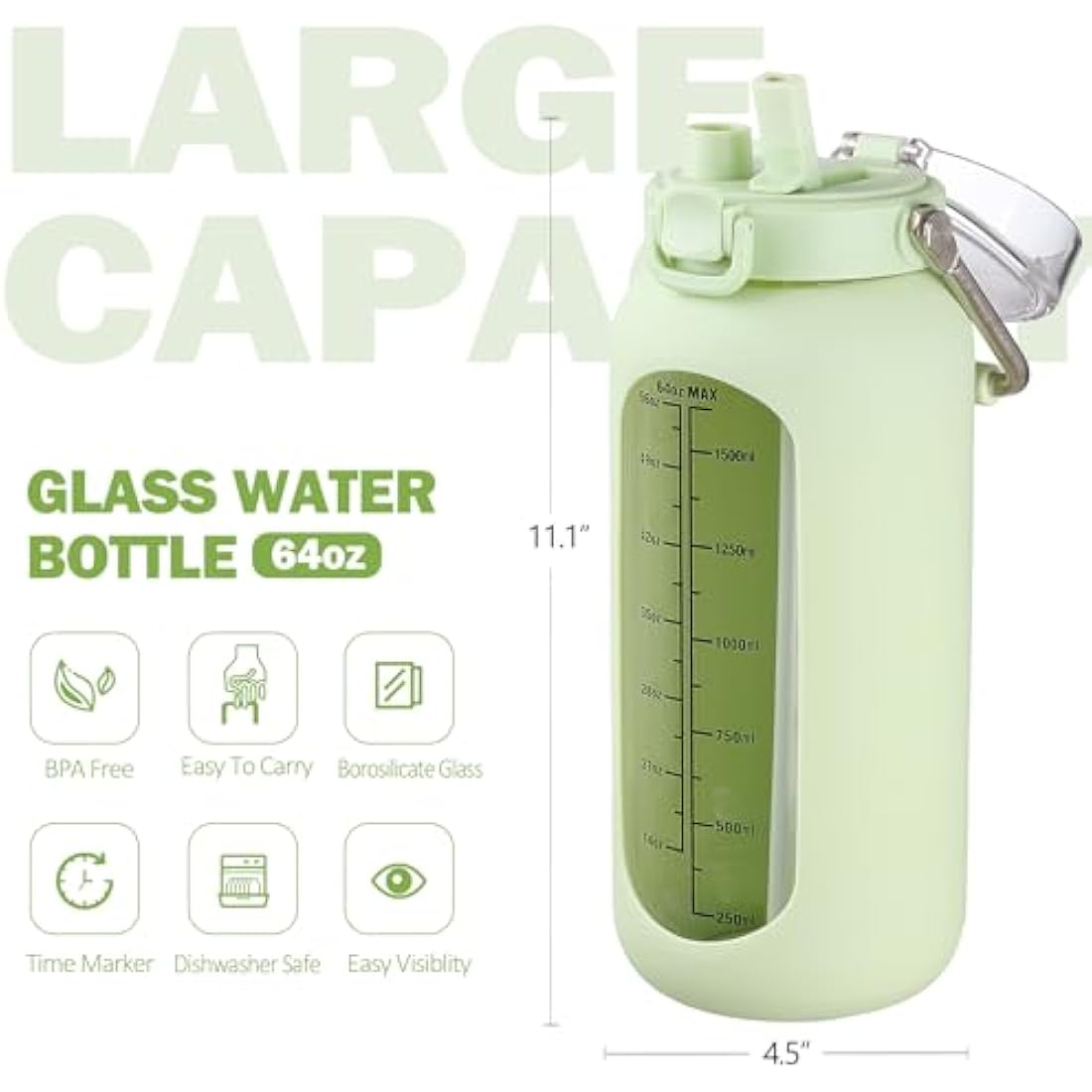 BLUEGO 2000ml Borosilicate Glass Water Bottle with Stainless Handle and Time Marker 2L Drinking Bottle with Silicone Sleeve and Straw for Gym Office Outdoor Sports Water Bottles BPA Free, Light Green