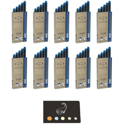 Parker Quink Ink Cartridges Long Blue (Pack of 50) + 1 Wooden Ruler "Cat" Blumie