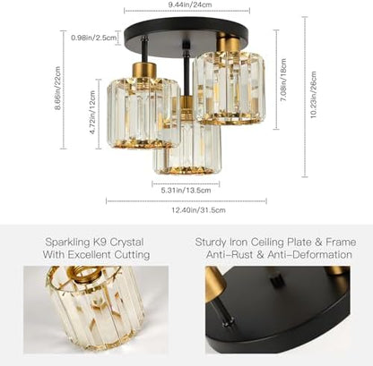FORCOSO Ceiling Light 3 Lights, Black and Gold Light Shade Crystal Light Fitting, Semi Flush Modern Chandelier Lampshade, E27 Lighting Fixture for Living Room Bedroom Hallway Kitchen Dining Room