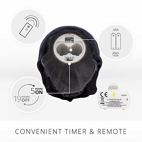 Luminara Flameless Single LED Moving Flame Small Skeleton Skull Figural (3.75" x 4.25") Real Wax LED Candle, Unscented, Timer - Black