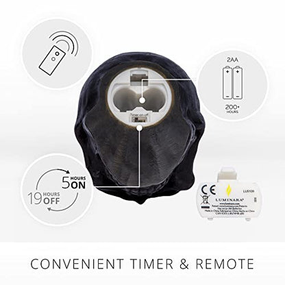 Luminara Flameless Single LED Moving Flame Small Skeleton Skull Figural (3.75" x 4.25") Real Wax LED Candle, Unscented, Timer - Black