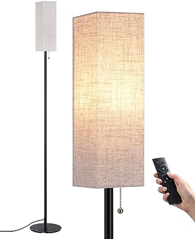 EDISHINE Floor Lamp, Standing Lamp with Square Linen Lampshade, Floor Lamps for Living Room, Bedroom, 165cm, E27 Socket(9W LED Dimmable Bulb Included), Magnetic Remote Control, Black