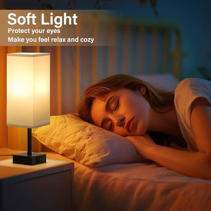 Aooshine Grey Bedside Lamps Set of 2, 3-Way Dimmable Table Lamp with USB-C+A Charging Ports,Lamps for Bedroom with Grey Linen Fabric Shade(Bulbs Included)