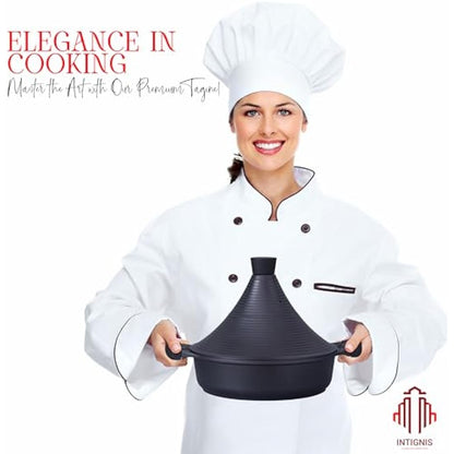 INTIGNIS® Tagine Cooking Pot | 28cm / 4.1 L | Large Casserole Dish | Nonstick Chemical Free Coating | Compatible with all Hobs | Traditional Moroccan Tender Slow Cook Tajin Pan (Black)