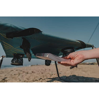 Neso Portable Beach Table with Cup Holders, Cell Phone Pockets, Lightweight for Picnics and Parks (Aqua Fronds)