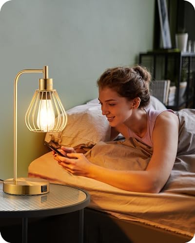 EDISHINE Bedside Lamps Set of 2, Dimmable LED Table Lamp, Teardrop Cage Lampshade, USB Charging Ports, Touch Lamps for Living Room, Bedroom, E27 Socket, Bulb Included, Gold