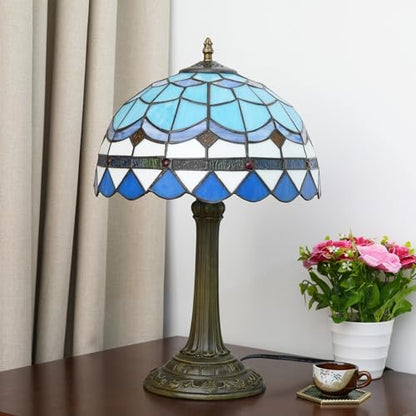Tiffany Table Lamp Stained Glass Lamp Mediterranean Blue Bedroom Table lamp Reading Desk Light for Bedside Living Room Office Dormitory Dining Room Decorate Housewarming Gift 12X12X18 inches