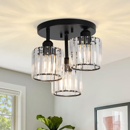 Rayofly Modern Crystal Chandeliers, 3-Light Crystal Lights for Living Room, Black Semi Flush Ceiling Light Fittings for Hallway, Bathroom, Bedroom, Foyer, Kitchen