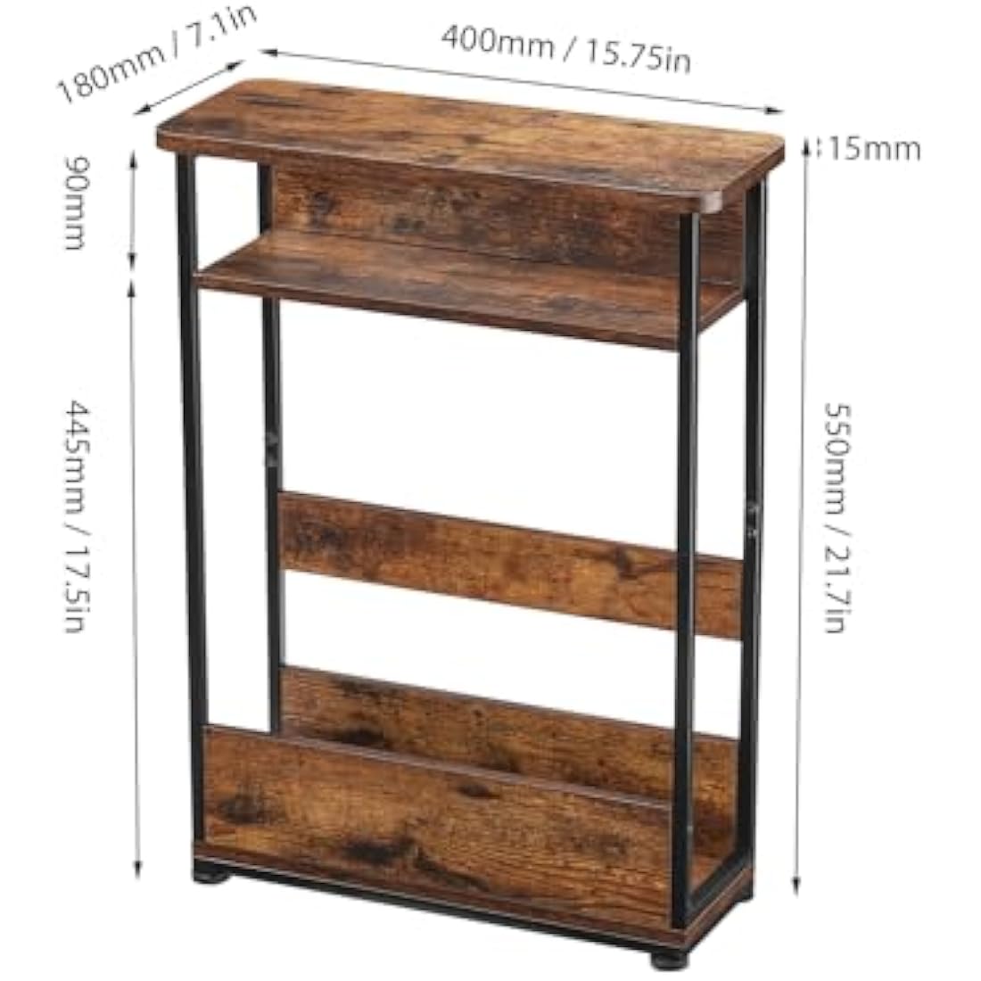 YEAKOO Narrow Side Table for Narrow and Small Spaces, Skinny Bedside Table Small Nightstand with Magazine Rack Space Saving (Rustic Brown, M)