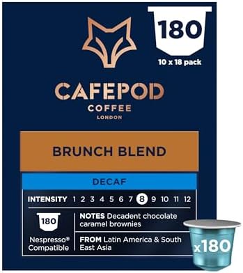 CafePod Lungo Decaf Coffee Pods - Compatible with Nespresso Coffee Machine, Intensity 9 with Chocolate Caramel Brownie Notes - Rainforest Alliance Sourced - Brunch Blend 180 Capsules