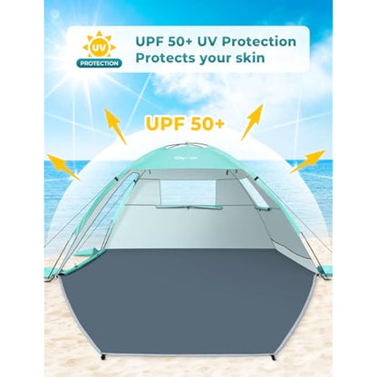 Glymnis Beach Tent Large for 2-3 Person, Portable UV Protection Beach Sun Shelter Lightweight Sun Shade Tent for Beach, Garden, Fishing, Picnic