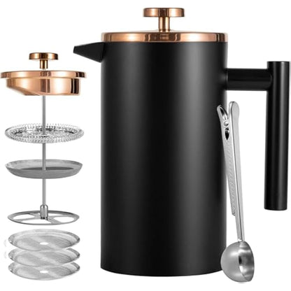Wrobic Cafetiere French Press Coffee Maker, 1000ml/34oz Double-Wall Insulated Stainless Steel, 3 Level Filtration System, French Press for Home, Camping and Office (6 cup to 8 cup Black)