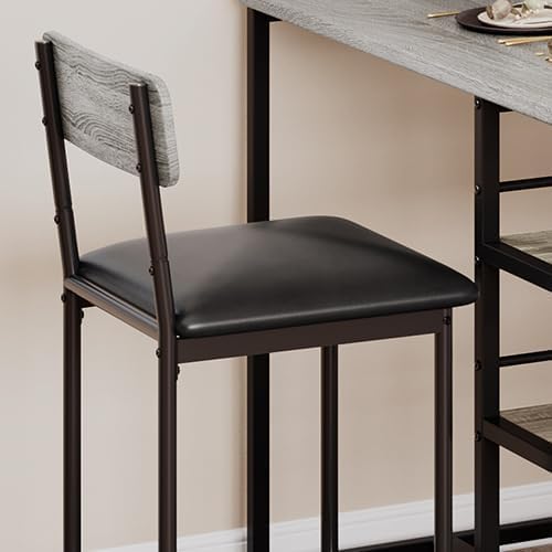 Crevyteg 3-Piece Breakfast Bar Set with 2 PU Leather Stools, Space-Saving Bar Table with 3-Tier Storage Shelf, High-Back Stools for Kitchen/Dining