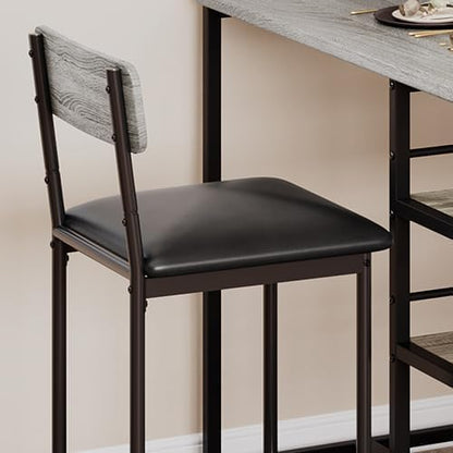 Crevyteg 3-Piece Breakfast Bar Set with 2 PU Leather Stools, Space-Saving Bar Table with 3-Tier Storage Shelf, High-Back Stools for Kitchen/Dining