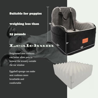 Lealchum Dog Booster Car Seat for S/M Dogs Up to 35lbs,Soft 6in Elevated Cushion,Fits in Front/Back Seat,Fully Detachable and Washable,2 Storage Pockets & 3 Straps,Easy to Install (Black/Brown,Medium)