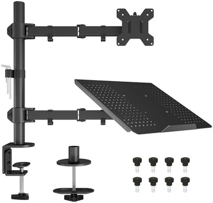 BONTEC Monitor Arm with Laptop Tray, Laptop Desk Mount for 13-27 Inch Screen and 17 Inch, Height Adjustable Full Motion VESA Mount, Tilt Swivel 360° Rotation, Cable Management Included