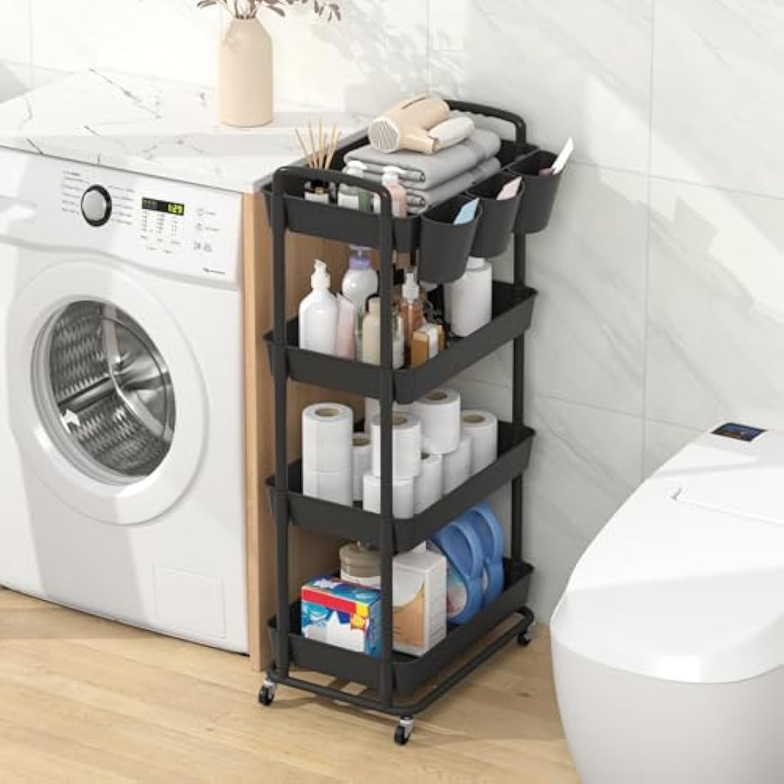JIUYOTREE 4-Tier Plastic Rolling Storage Cart Utility Cart with Extra Hanging Cups Handles Lockable Wheels for Living Room Bathroom Kitchen Office Black