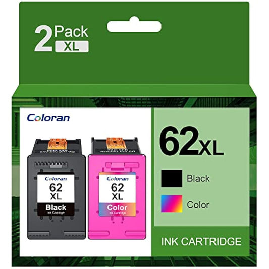 Coloran 62XL Ink Cartridges, for HP 62 XL Black and Tri-color, Compatible for Envy 5540 5541 5542 5543 5544 5545 5546 5547 5548 5640 5642 5644 7640 OfficeJet 200 250 5740 5742 5744(2-Pack)