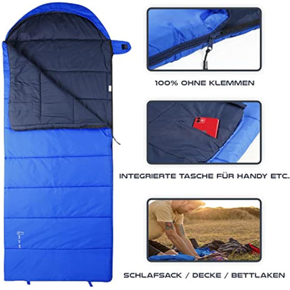MOUNTREX® Sleeping Bag for Camping & Outdoor - Blanket Sleeping Bag (205 x 75 cm) - 3 Seasons - Lightweight, Warm & Soft (1.6 kg) - Adults, Men and Women - Can be Connected (Zip - Right, Blue)