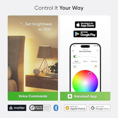 Nanoleaf Matter Essentials E27 LED Bulbs, Pack of 3 RGBW Dimmable Smart Bulbs - Matter over Thread, Bluetooth Colour Changing Light Bulbs, Works with Google Apple, Room Decor & Gaming