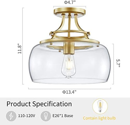 WUZUPS Chandelier Rustic Farmhouse Industrial Round Semi-flushmount Ceiling LED Light Fixture with Clear Glass Shades for Bathroom Kitchen Foyer Entryway, H 30 x W 34, E27 Base, Gold