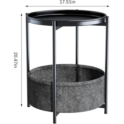 Huhote Side Table, Round End Table with Fabric Basket, Small Bedside Tables, Nightstand Sofa Tables for Living Room, Bedroom, Bathroom, Balcony, Modern Style (Black)
