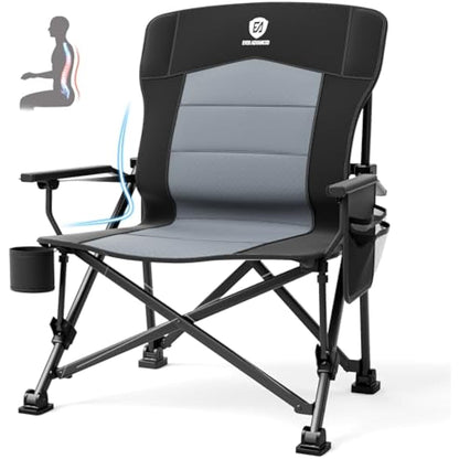 EVER ADVANCED Oversized Folding Camping Chair for Adults with Adjustable Lumbar Support, Heavy Duty Chair with Side Pockets, Portable Collapsible Quad Chairs for Outside, Support Up to 230KG,Black