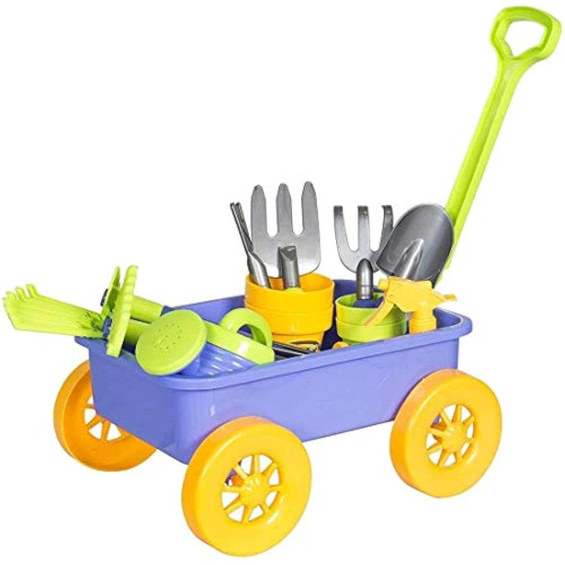 Delex Pull along Kids Wagon Wheelbarrow and Gardening, Beach and Tools Play Set With Water Pail and Spray Includes 10 Accessories and 4 Plant Pots