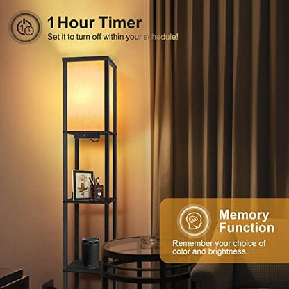 OUTON Floor Lamp Shelf with Remote Control, Dimmable & 4 Colour Temperature Adjustable, 1H Timer, LED Floor Lamp with 2 USB Ports, Floor Lamps with Lampshade for Living Room, Bedroom, Office(Black)