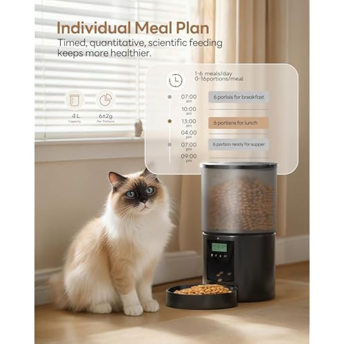 Automatic Cat Feeder Cat Food Dispenser with Programmable Timer: 4L Intelligent Cat Bowls with 10s Voice Recorder - Electric Dog Feeder Support 1-6 Meals Button Control Lockable Lid