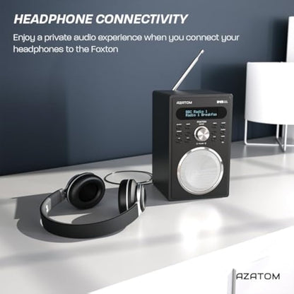 DAB/DAB+ & FM Digital Radio | Simple Controls | Dual Alarms & Sleep Timer | Mains Powered | Bluetooth | USB Device Charging | Perfect for Home, Office or Outdoors | AZATOM Foxton FX2 (Black)