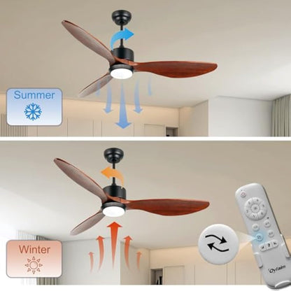 Ovlaim 132cm Wood Ceiling Fan with LED Lights and Remote Control, Quiet DC Motor Fans with 3 Wood Blades for Home Bedroom Living Room Patio, IP44 Waterproof