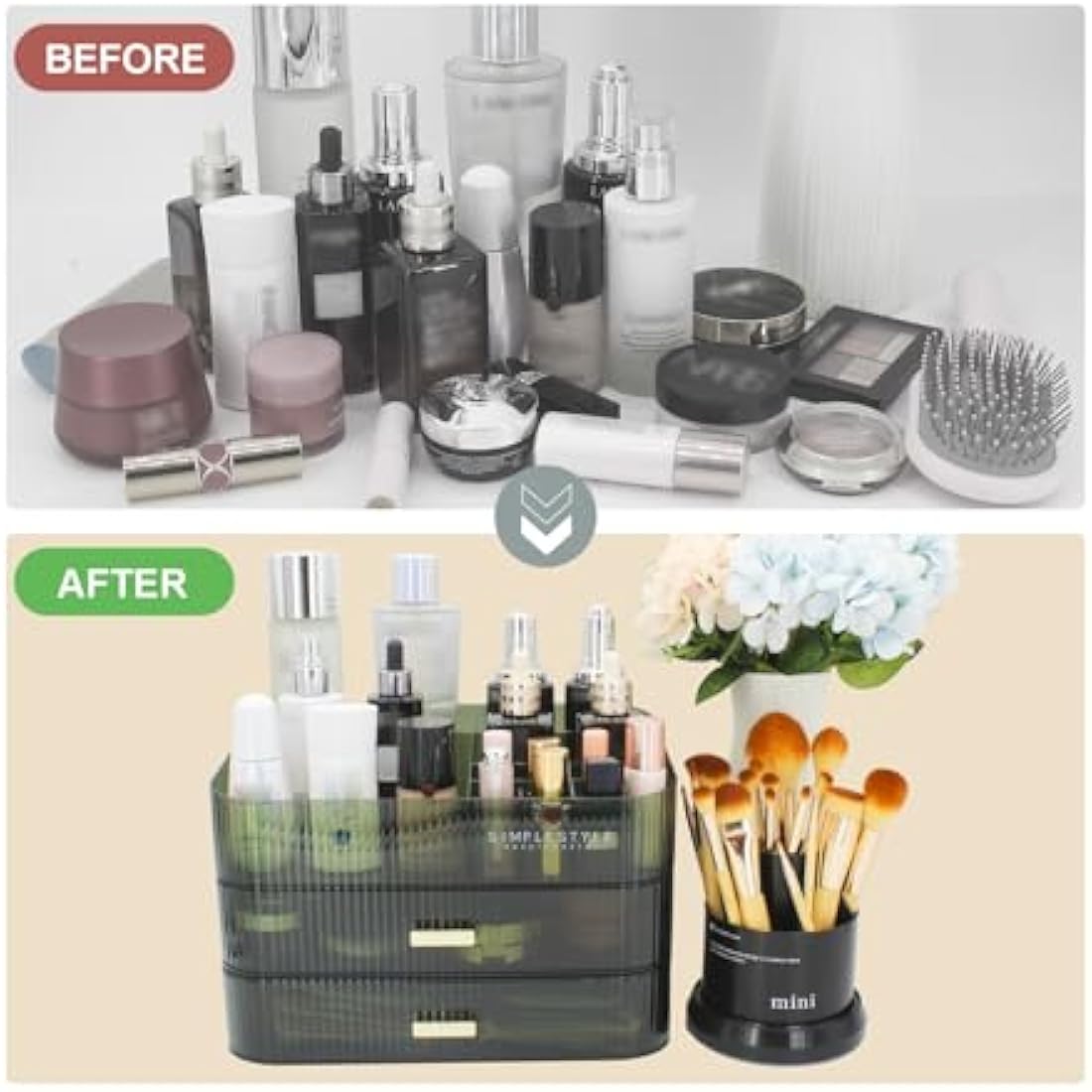 Womanht Makeup Organizer with 2 Drawers, Cosmetics Organizer for Bedroom and Bathroom Vanity Countertops, Large Capacity Cosmetic Storage Box for Skincare Cream Perfume Lipstick Dresser Counter-Green