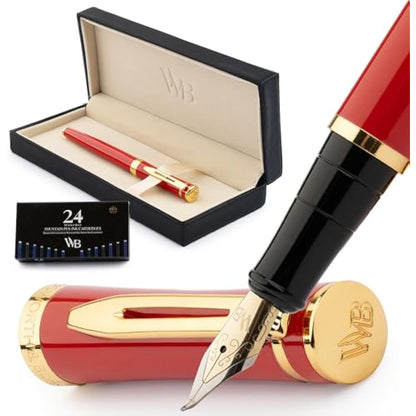 Wordsworth & Black Fountain Pen Set, Bent Nib, Includes 24 Pack Ink Cartridges, Ink Refill Converter & Gift Box, Calligraphy, [Crimson Red], Perfect for Men & Women