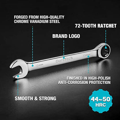 DURATECH 10-Piece Ratchet Combination Spanner Set, Fixed Head Open End Combination Wrench Set with Roll Pouch, Metric, 6-18mm, 12 Point, Cr-V Steel