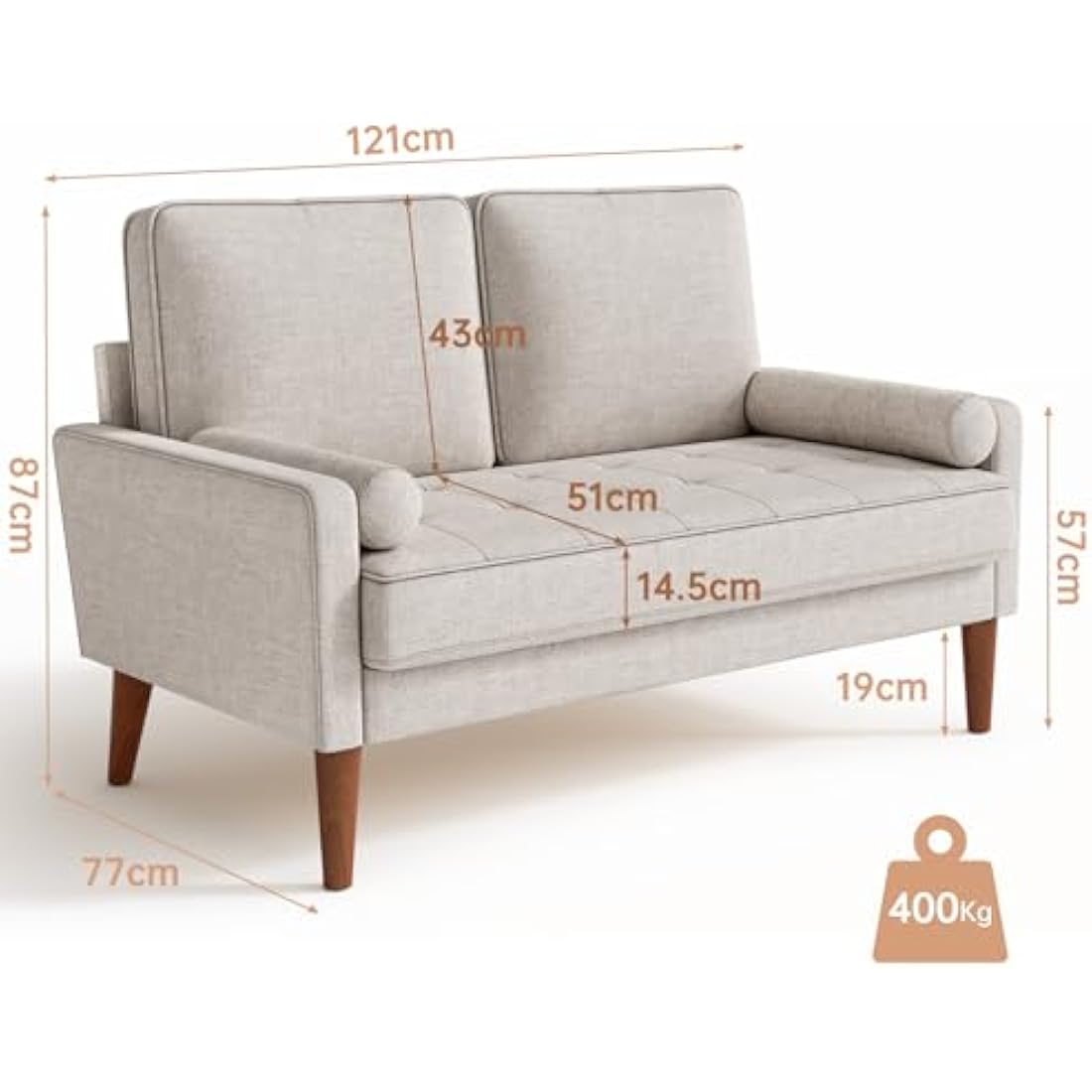 Vesgantti Linen Sofa With Spring Cushion - Small 2 Seater for Living Room, Bedroom, Office - Comfy Couch With Armrests - Modern Love Seat in Ashbeige