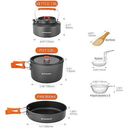 Odoland Camping Cookware Set, Cooking Utensils with Camping Pot, Camping Frying Pan and Teapots for Outdoor Cooking Hiking Travelling for 2-3 People