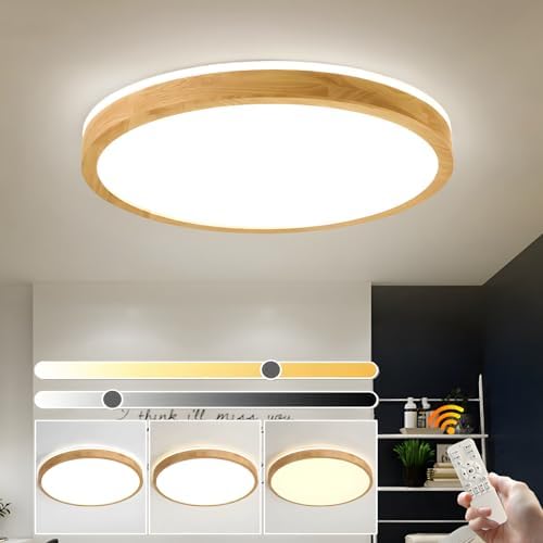 YYUTLUO LED Ceiling Light Wood, Top 360° Glow Round Natural Wooden Lamp | Dimmable with Remote Control 2700K-6500K, 48W | Living Room, Dining Room, Hallway, Home, Office, Children's Room(Ø60cm)