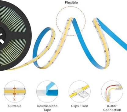 BTF-LIGHTING FCOB COB FOB Flexible High Density CCT LED Strip 2x5M 640LEDs/m DC24V 14W/M Tunable 3000K-6000K CRI＞90 Dimmable deformable LED Strip Light for DIY Interior Decoration(Strip only)