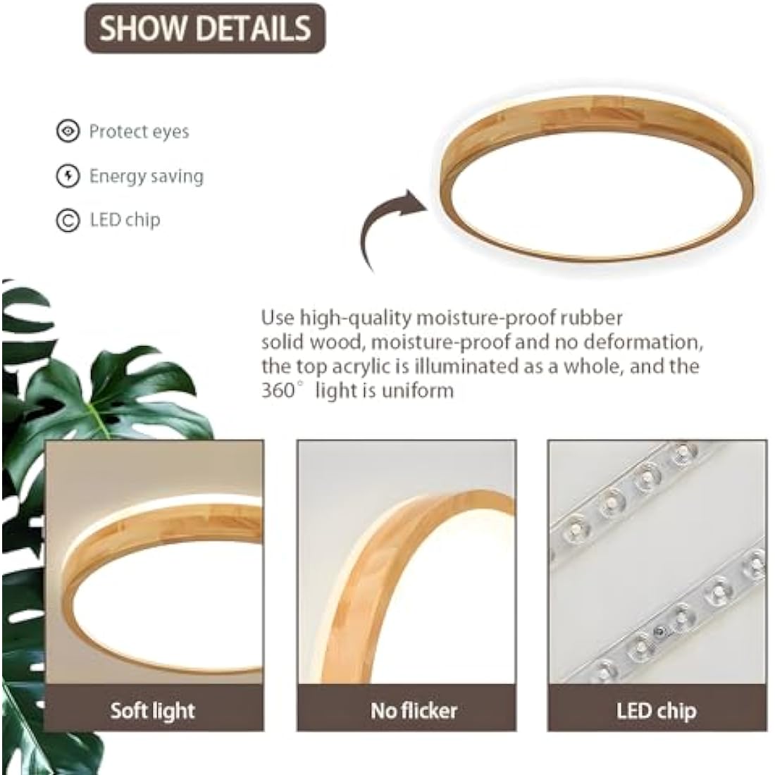 WayLuoung Wood LED Ceiling Light | Ø40cm 3000-6000K 30W | Round Top 360° Glow Natural Wooden Lamp, Bedroom Living Room Children's Room Kitchen Dining Room Home Office (Dimmable with Remote Control)