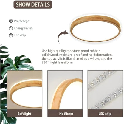WayLuoung Wood LED Ceiling Light | Ø50cm 3000-6000K 36W | Round Top 360° Glow Natural Wooden Lamp, Bedroom Living Room Children's Room Kitchen Dining Room Home Office (Dimmable with Remote Control)