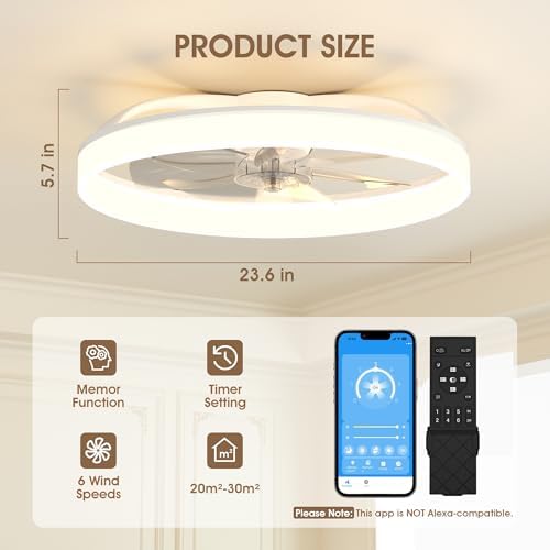 NIORSUN 60cm Ceiling Fans with Lights and Remote, 6 Speeds Modern Smart LED Ceiling Fan Light, 3000K-6500K Dimmable Quiet Fan Lights Ceiling for Bedroom Living Room Dining Room (White)