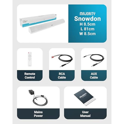 MAJORITY Snowdon | Bluetooth Sound Bar for TV | Built-in Subwoofer | 120 Watts 2.1 Channel Sound | RCA, Optical, and AUX Connection | Wall Mountable | 81 CM | Remote Control Included (White)