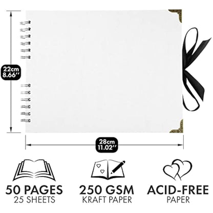Bstorify Square Scrapbook Photo Albums 50 Pages (28 x 22 cm) White Thick Paper, Hardcover, Metal Corners, Ribbon Closure - Ideal for Your Scrapbooking Albums, Art & Craft Projects (White, 28 x 22 Cm)