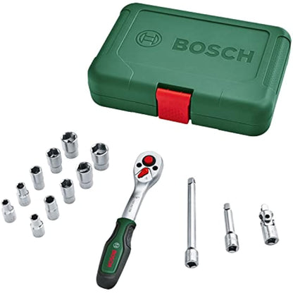 Bosch Ratchets / 1/4" Drive Socket Set 14-Piece (High-Quality, Versatile Drive Socket Set for Multiple DIY Tasks; Ergonomic, Soft Grip Handle; Magnetic Bits Holder)