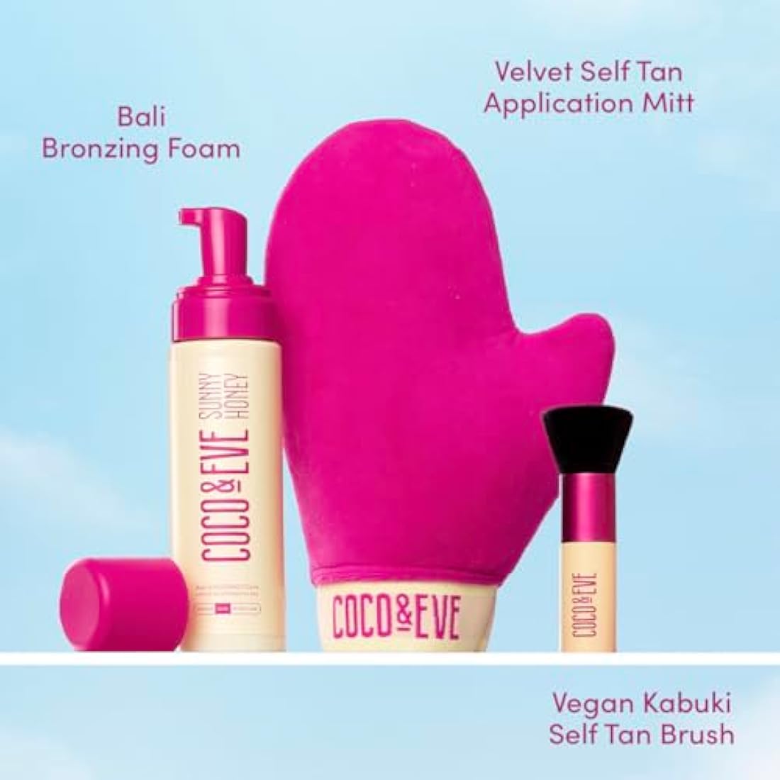 Coco & Eve Sunny Honey Bali Bronzing Bundle. All Natural Sunless Tanning Mousse. Instant Self Tanning Lotion with Bronzer, Mitt Applicator and Kabuki Brush. (Ultra Dark)